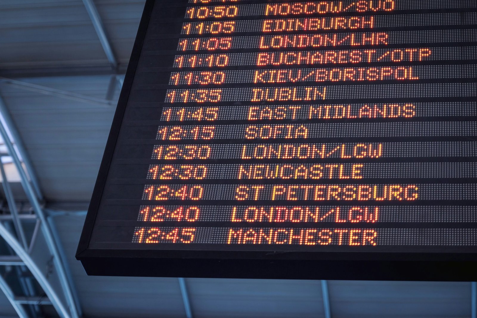 A low-angle shot of a departure board at an airport